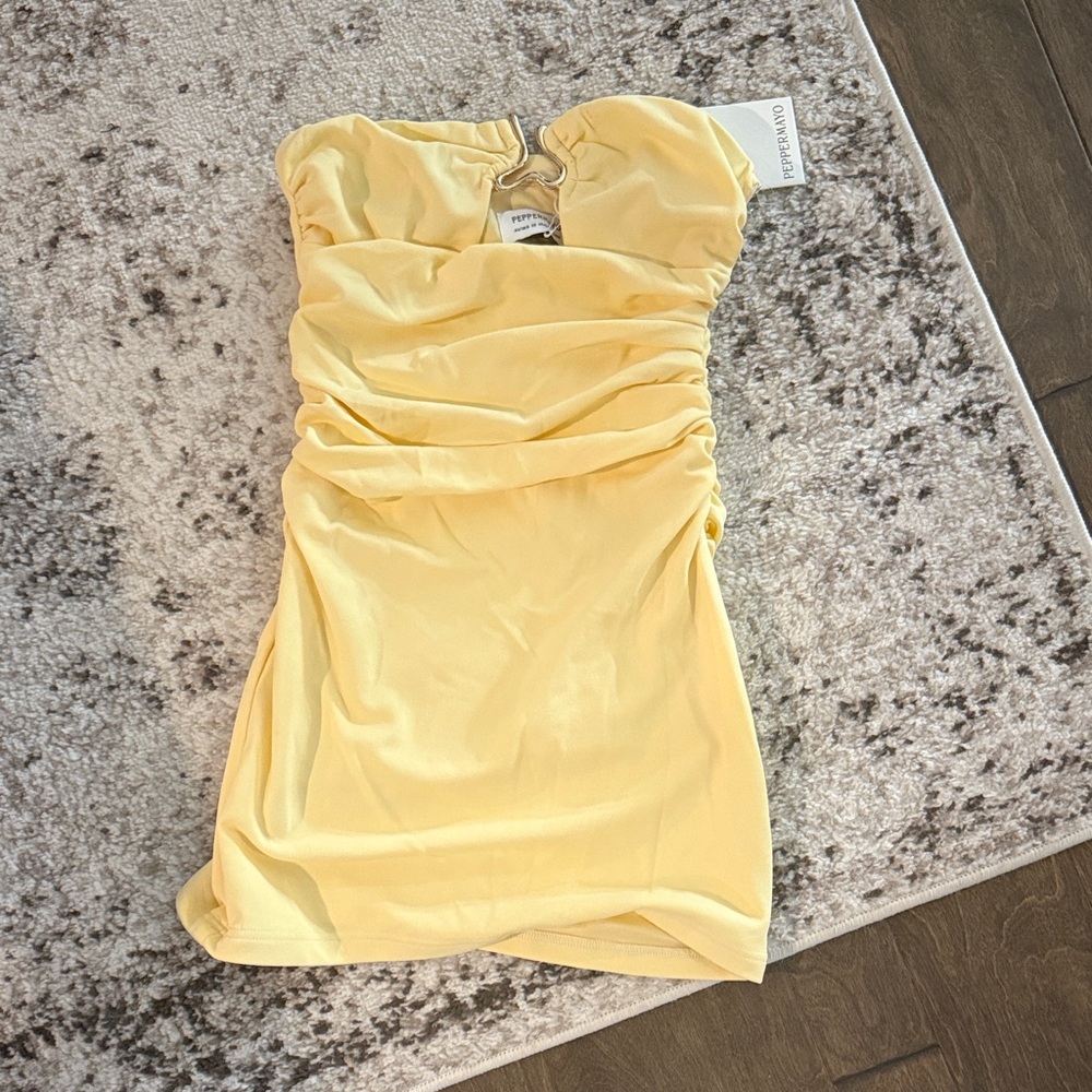 Peppermayo Light Yellow Ruched Mini Dress